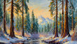 A picturesque portrayal of towering redwood pine trees amidst a vast snow-covered forest, rendered with artistic flair. The majestic pines stand tall against the wintry backdrop, their branches laden 