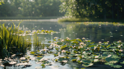 Wall Mural - A serene image of a pond filled with water lilies. Ideal for nature and botanical themes