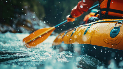 Wall Mural - A person in a raft paddling down a river. Suitable for outdoor and adventure concepts