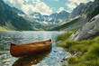 A wooden canoe sitting peacefully on a serene lake. Perfect for outdoor and adventure themes