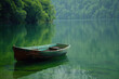 A serene image of a small boat peacefully floating on a calm lake. Suitable for various travel or nature-themed projects