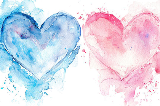 Two colorful watercolor hearts on a plain white background. Perfect for Valentine's Day designs or wedding invitations