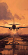 A plane taking off from an airport runway at sunset, ready to mimic the airplane's takeoff and landing with realistic airbrushing on your phone wallpaper. The background is a soft orange sky