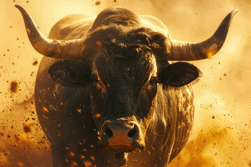 Sticker - A close up image of a bull in the dirt. Suitable for agricultural and livestock themes