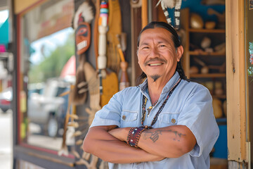 Wall Mural - A Native American entrepreneur stands outside his small business, a locally-owned woodworking shop. Sunlight bathes the street as he beams a genuine smile, arms crossed, welcoming customers.