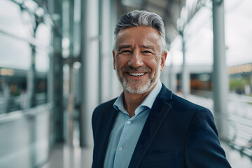 Wall Mural - A seasoned Latino businessman with salt-and-pepper hair stands tall in his office. Years of experience etch wisdom on his face as he smiles confidently, arms crossed, ready to face any challenge.