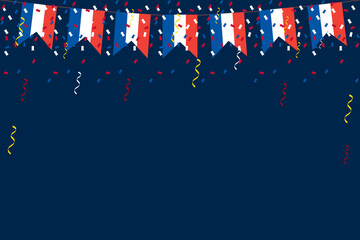 French flag bunting Eiffel background for Bastille Day. French: drapeau Français. Tricolour blue white red backdrop design vector illustration 