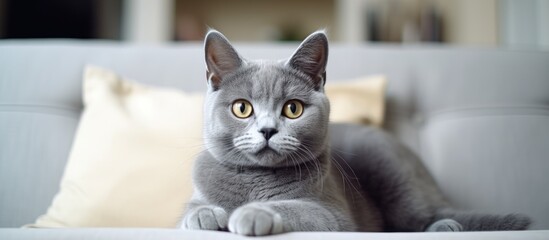 Wall Mural - A domestic shorthaired cat, a member of the Felidae family and a small to mediumsized carnivore, is lounging on a white couch while looking at the camera