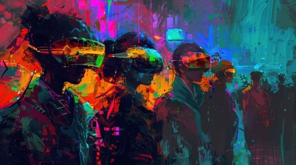 Naklejka na meble A group of people wearing virtual reality headsets. The background is a colorful, abstract, and futuristic cityscape. The people are standing in a row, and their silhouettes are visible against the vi