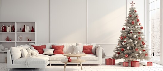 Sticker - A festive living room in a house with a Christmas tree and cozy furniture. The interior design is perfect for hosting holiday events with a large couch and chairs arranged in a rectangle