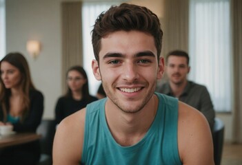 Wall Mural - Young man in teal tank top smiling at camera.