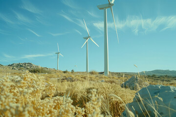 Wall Mural - Wind turbines on a dry grass field, suitable for environmental and energy concepts