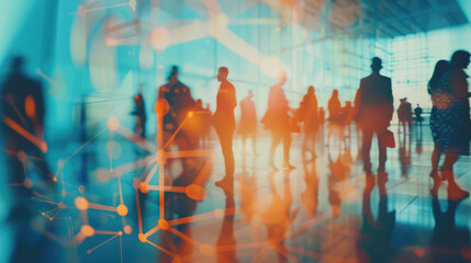 Poster - A group of people walking through a lobby, suitable for business concepts