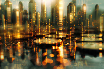 Canvas Print - Close-up of a clock on a table with a city backdrop. Suitable for business concepts