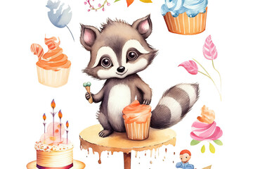 Wall Mural - cartoon woodland forest illustration cute children watercolor white kindergarten cake roccoon tasty bohemian tasty isolated baby cake party background animal