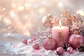 Poster - A festive lit candle surrounded by Christmas decorations. Perfect for holiday concepts