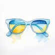 Sunglasses with blue and yellow frames. The lenses are blue with a yellow tint. Sunglasses lie on a white surface with blue and yellow watercolor splashes at the bottom.