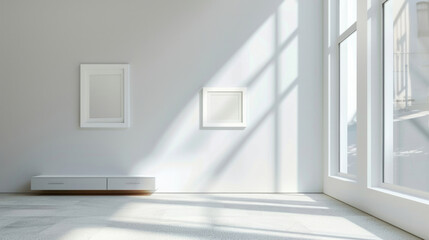 Sticker - Simple white room with a window and bench, suitable for various design projects