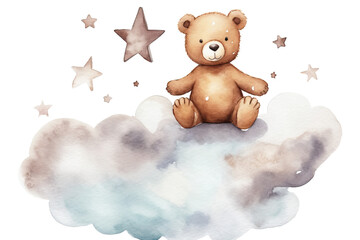 Wall Mural - sits drawn background isolated cute kid posters baby illustration cloud hand bear white can teddy star watercolor used shower