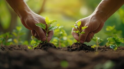 close-up of hands nurturing young green plants in soil