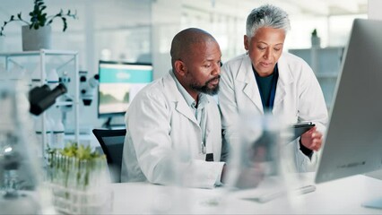 Laboratory, collaboration and tablet with computer research and feedback for ecology science. Diversity, digital and teamwork for botany assistant with online PhD work or innovation and development