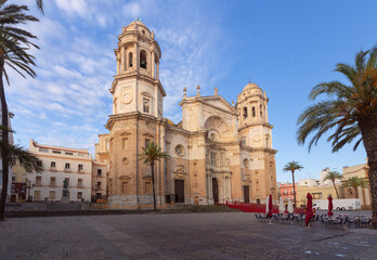 Wall Mural - Cathedral of the Holy Cross in the central square of Cadiz at dawn.