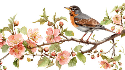 Wall Mural - an American robin (Turdus migratorius) on a branch, amongst fruit tree blossoms, PNG, horizontal format, Spring wildlife-themed, isolated, and transparent photorealistic illustration. Generative ai