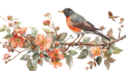 Wall Mural - an American robin (Turdus migratorius) on a branch, amongst fruit tree blossoms, PNG, horizontal format, Spring wildlife-themed, isolated, and transparent photorealistic illustration. Generative ai