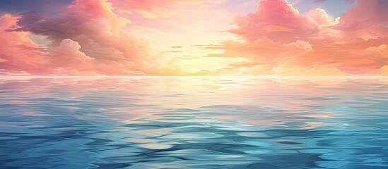 Wall Mural - The sun is painting the sky with vibrant hues as it sets over the ocean, creating a stunning natural landscape with clouds and liquid reflections