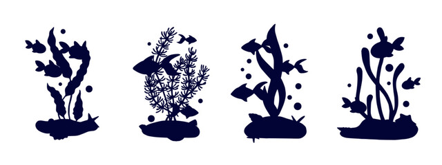 Wall Mural - Set of silhouettes with schools of fish in seaweed.Vector graphics.