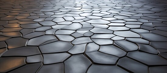 Sticker - An intricate geometric patterned tiled floor in shades of grey, resembling flagstone, with a closeup view showcasing the detailed design