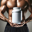 White glossy plastic jar with lid for sport powder - protein, vitamins, bcaa, tablets in the hands of an athlete	
