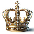An image of an elegant crown, designed with intricate details and possibly adorned with jewels like diamonds and rubies, positioned centrally against a pure white background. 