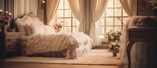 Poster - A bedroom with furniture like a bed, dresser, mirror, and window. The interior design includes wood flooring, a plant, and curtains for a cozy feel