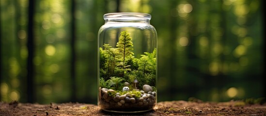 Poster - A plantfilled jar sits on the table, containing moss and rocks. It serves as a natural food storage container for terrestrial plants or liquid ingredients