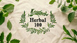 Artistic arrangement of various green herbs around the elegant 'Herbal 100' typography on a fabric background.