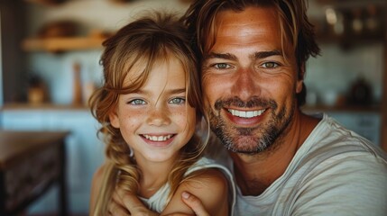 Wall Mural - Adult and a child, both smiling, with similar features and freckles, appear closely bonded