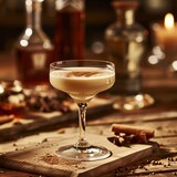 A crème liqueurs alcoholic beverage sit on the table shines in i