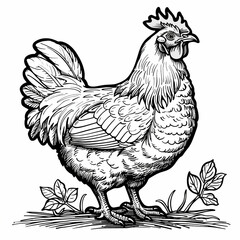 Wall Mural - Vector outline illustration of a black and white chicken, coloring book for children