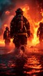 Firefighter in full gear wades through water against a backdrop of intense flames and smoke