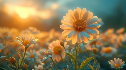 Wall Mural - Field of blooming daisies bathed in warm sunlight during a tranquil, picturesque sunset hour