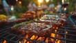 Grilled steaks on a barbecue with rosemary, amidst a blurred background of people gathering outdoors at sunset