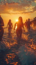 Group Of People Wade Through Water At Sunset, Creating A Tranquil Scene Of Summer Enjoyment