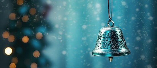 Wall Mural - An Idiophone, the Christmas bell hangs from a string in front of the Azure Christmas tree. The electric blue glass bell is a musical instrument and fashion accessory, captured in macro photography