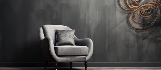 Wall Mural - A wooden chair is placed in front of a grey wall adorned with an art painting. The room has a window with tinted glass, and the flooring is sleek