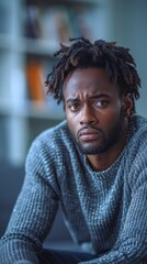 Wall Mural - Man with dreadlocks, wearing a knitted sweater, looks thoughtful or concerned in a dimly lit room