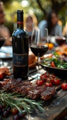 Wall Mural - Outdoor dining setup with wine bottle, filled glasses, grilled steak, salads, and blurred people in background