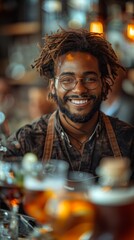 Wall Mural - Smiling person with dreadlocks, glasses, and a denim shirt sitting in a warmly lit café