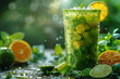 A vibrant and refreshing herbs and fruits juice in a clear glass, surrounded by fresh herbs and fruits, symbolizing a health food concept and healthy eating lifestyle