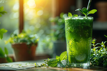 a vibrant and refreshing herbs and fruits juice in a clear glass, surrounded by fresh herbs and frui